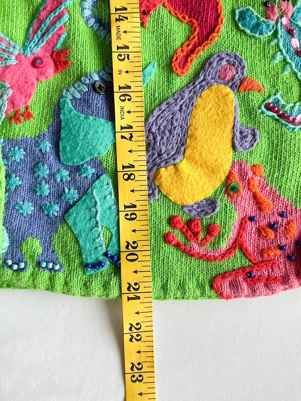 Vtg Michael Simon Animal Cardigan Sweater Bright Green Jungle Safari Knit Sz Med - Picture 14 of 15